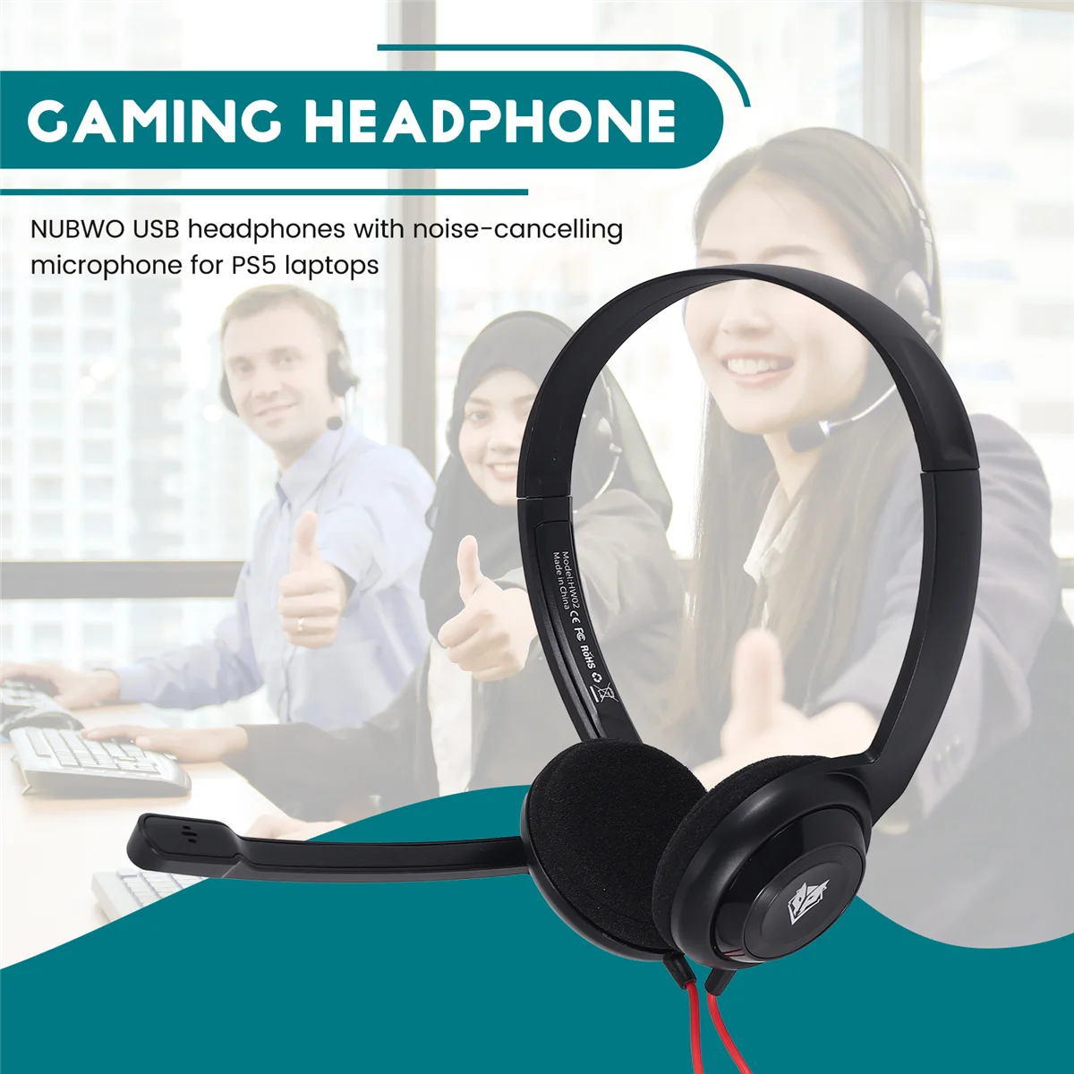 

NUBWO USB Headset with Noise Cancelling Microphone for PS5 Laptop Computer, On-Ear Wired Office Call Center Headset for Rich
