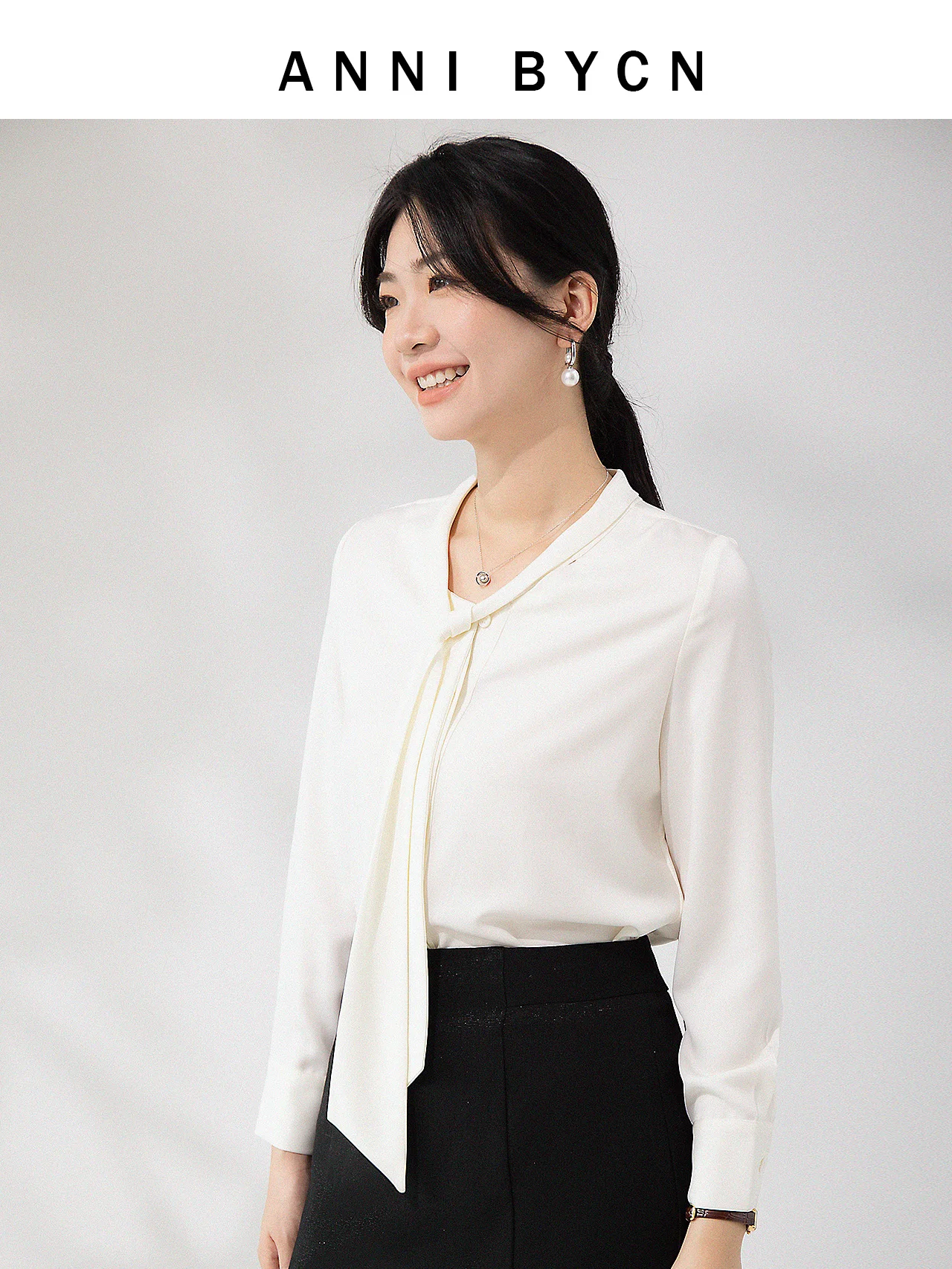 

Annibycn Long Sleeve Shirt Women's Commute Style Belted White Top Spring New Arrival Elegant Female Business Casual Shirt