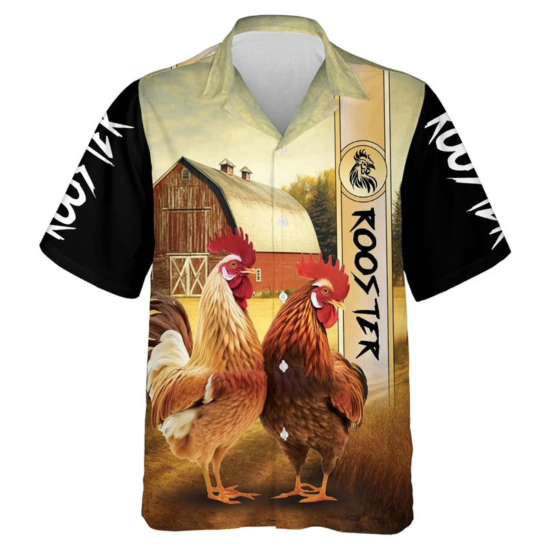 Fashion Rooster Graphic Short Sleeve Shirts For Men Hip Hop Hawaii Beach Shirt Funny Chicken Lapel Blouse Women Button Tops