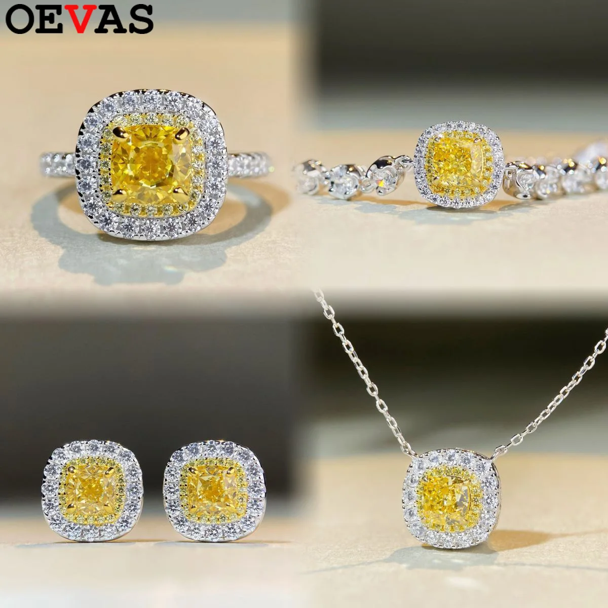 OEVAS 1CT 6*6mm High Carbon Diamond Earrings Necklace Bracelet Set For Woman S925 Silver 18K Gold Wedding Party Fine Jewelry Set