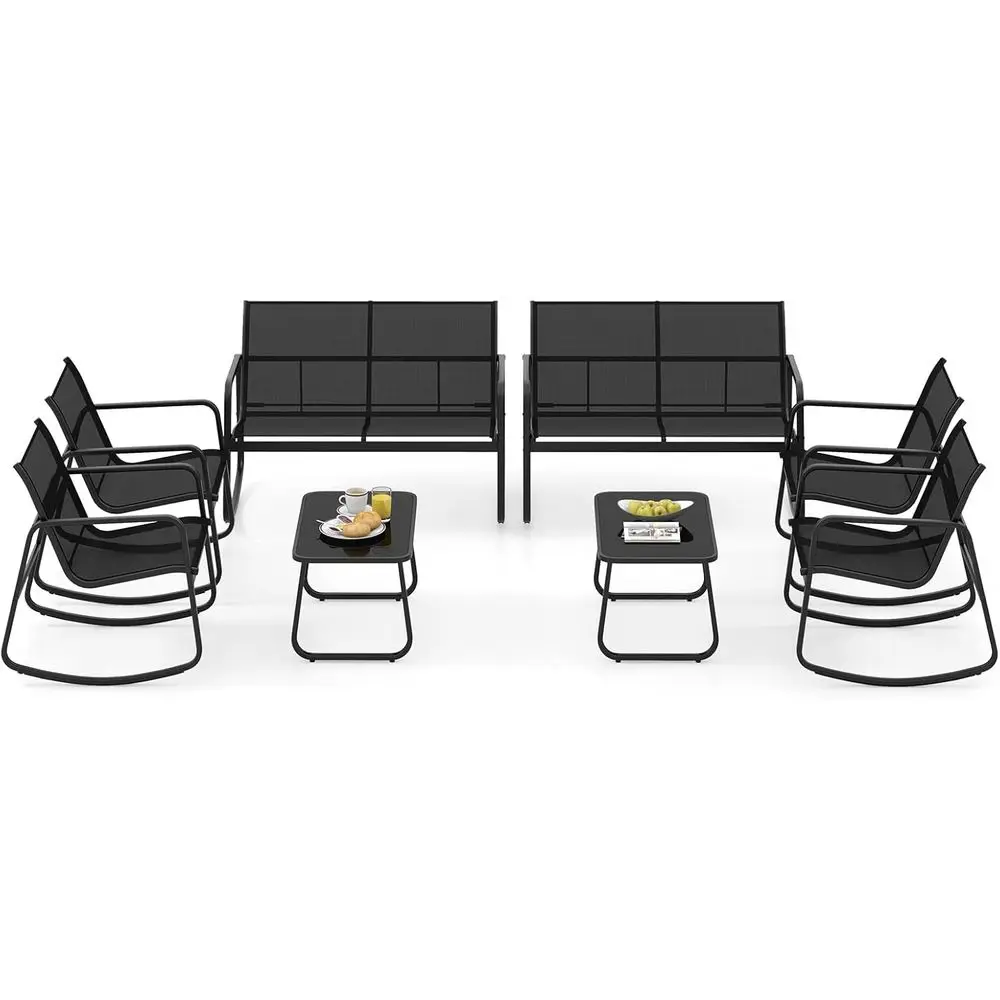 8-Piece Outdoor Patio Rocking Furniture Set: 4 Chairs, 2 Loveseats, Glass Table, Smooth Motion