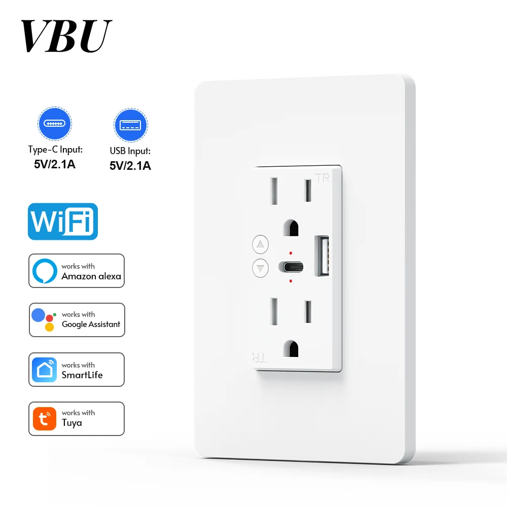 

Умная настенная розетка VBU WiFi с USB Type-C 5 В 2100 мА, настенная розетка с двойной вилкой, голосовое управление, работа с Alexa Google Home