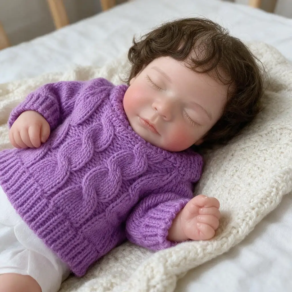 10 Inch Sam Full Silicone Reborn  Doll Open Mouth Hand Rooted Hair Purple Sweater Outfit Lifelike Hand Painted Collectible