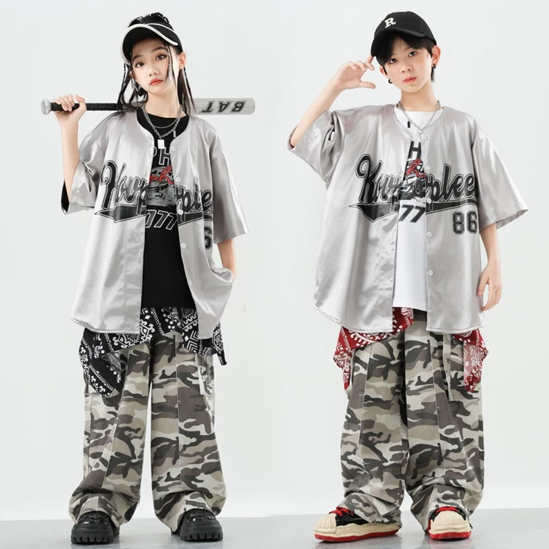 

2025 Jazz Dance Costumes For Girls Loose Coat Camouflage Pants Outfits Boys Hip Hop Dance Streetwear Performance Sets DQS19511