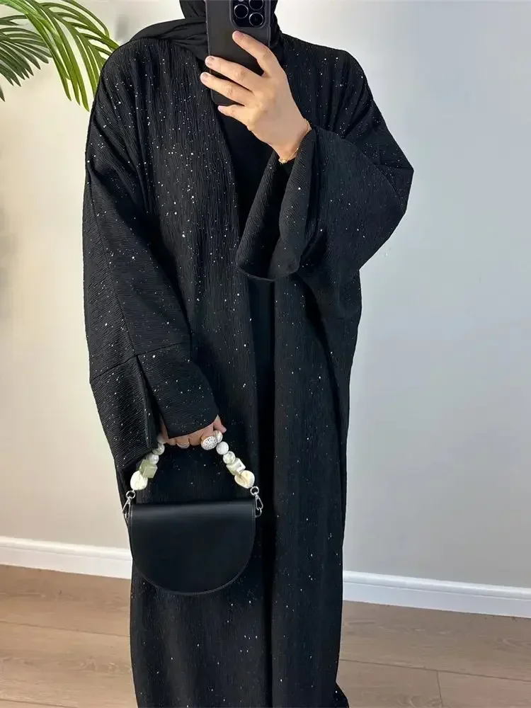 Winter Open Abaya for Women Thicken Kimono Muslim Abayas with Shiny Powder Dubai Luxury Autumn Islam Clothing Kaftan Hijab Dress