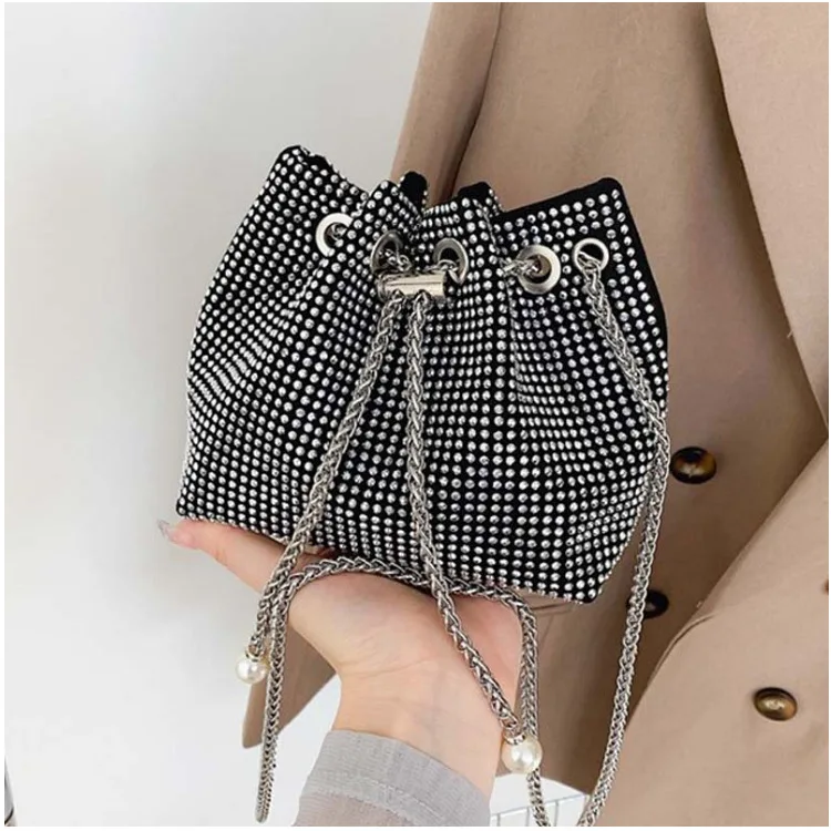 All Over Bright Rhinestone Bucket Bag, Drawstring Small Banquet Satchel Bag, Women's Luxury Dinner Shoulder Chain Bag