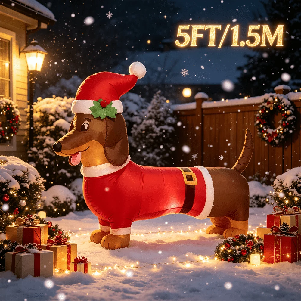 5FT/1.5M Inflatable Model Toy Christmas Dachshund Dog In Santa Outfit With Holly Santa Hat build-in LED Outdoor Yard Decor