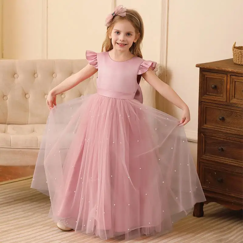 

Girl's New Pearl Mesh Flying Sleeve Butterfly Sweet and Cute Long Princess Dress for School Performance Runway Dress
