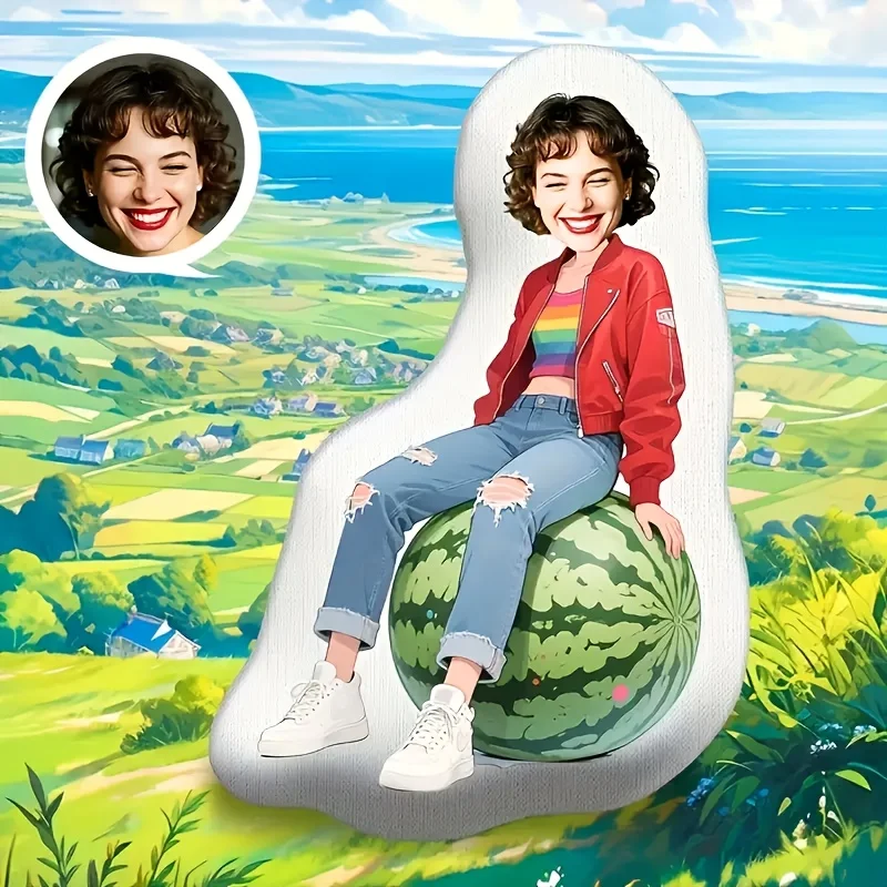 Customize a Fun Large Watermelon Hug Pillow Featuring a Humanized Face and Body Pattern Design, with Digital Double-sided Printi