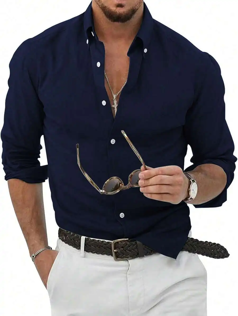 

Men's Navy Blue Solid Long Sleeve Casual Shirt for Summer Fall