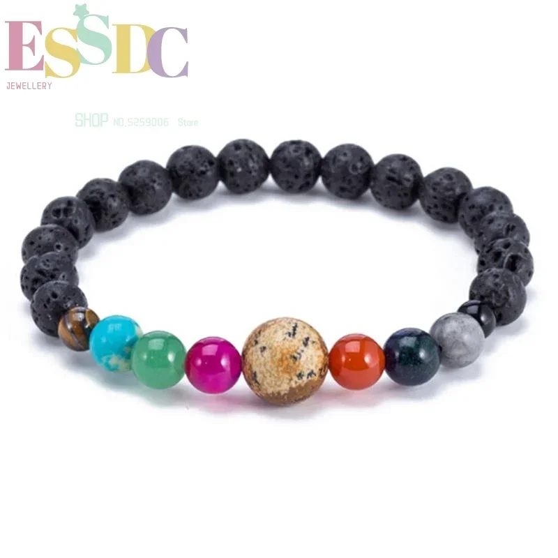Universe Galaxy Eight Planets Guardian Star Natural Lava Stone Beads 7 Chakra Yoga Bracelet for Men or Women Drop Ship