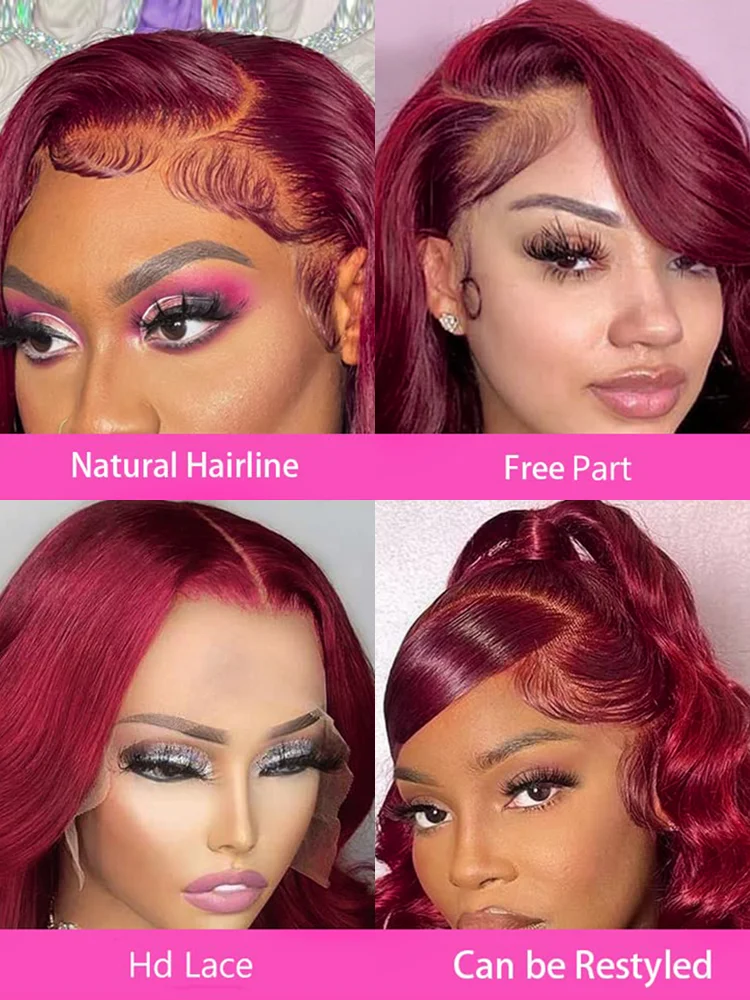 Straight 99J Burgundy 13x6 HD Lace Frontal Wig Colored Red 13x4 Lace Front Human Hair Wigs 30 34 36 Inch 4x4 Lace Closure Wig