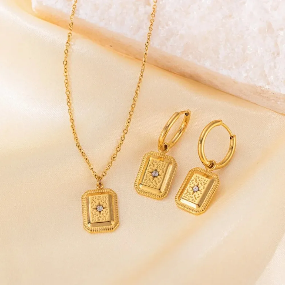 Trendy Charm Gold Color Stainless Steel Single Zircon Octagonal Square Pendant Necklace Earring Set for Woman Jewelry Accessory