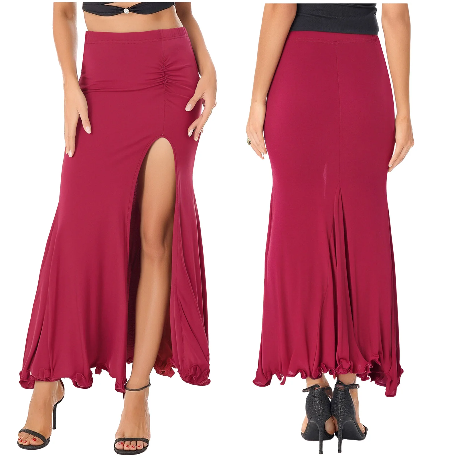 

Women Side Split Ruched Long Skirt for Belly Modern Tango Rumba Dance Practice Costume with Built-in Shorts Solid Color Dresses