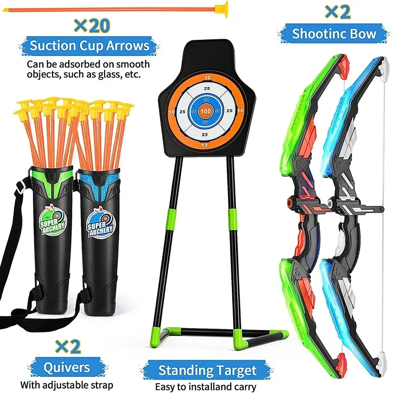 

MQUDUO Dual Glowing Archery Bow Kit with Target Stand, Arrow Holder and Suction Arrows for Outdoor Party Challenge Gift