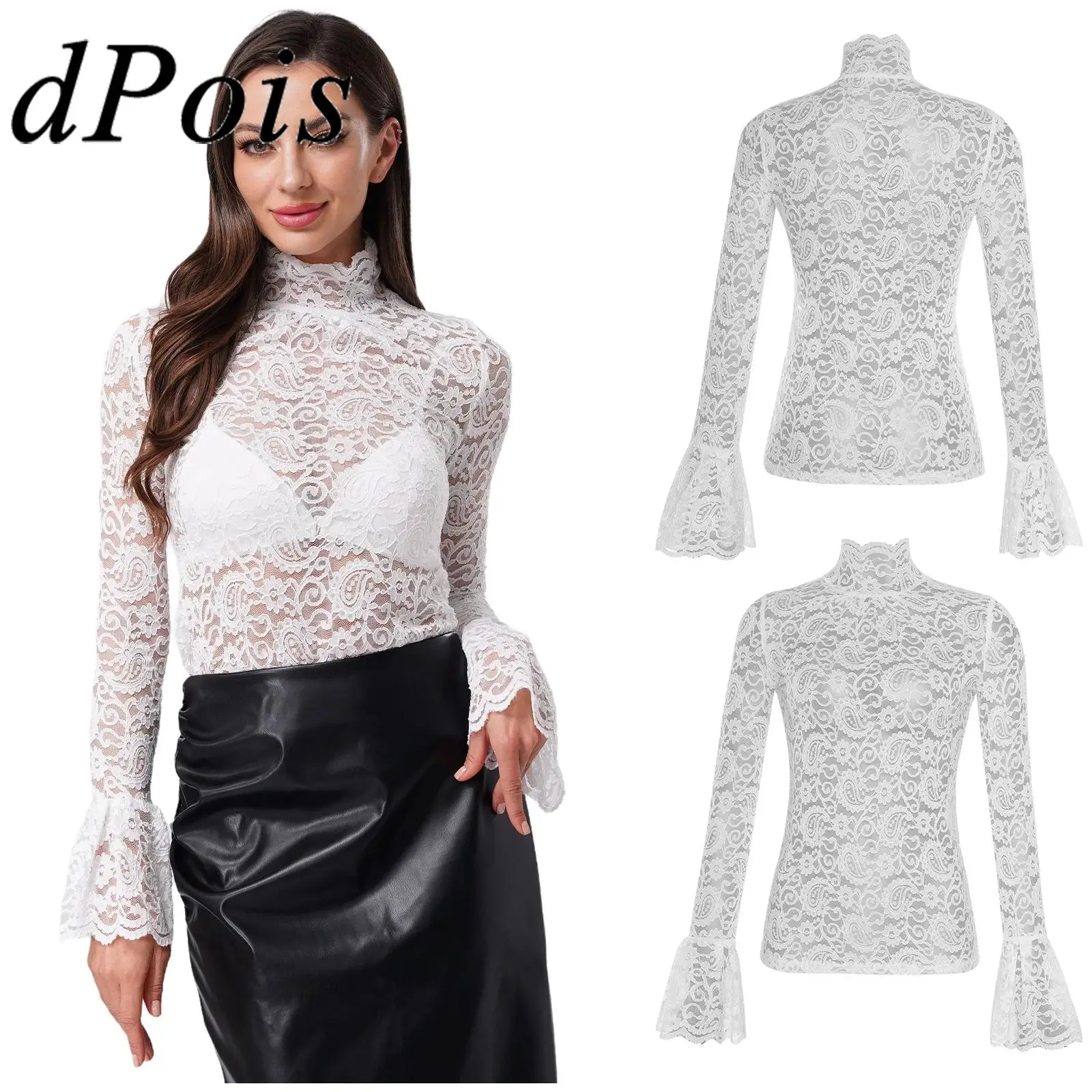 

Womens Floral Lace Blouses Stand Collar Flared Sleeve Shirt Top Medieval Victorian Style Blouse Cover Up Tops Elegant Blusas