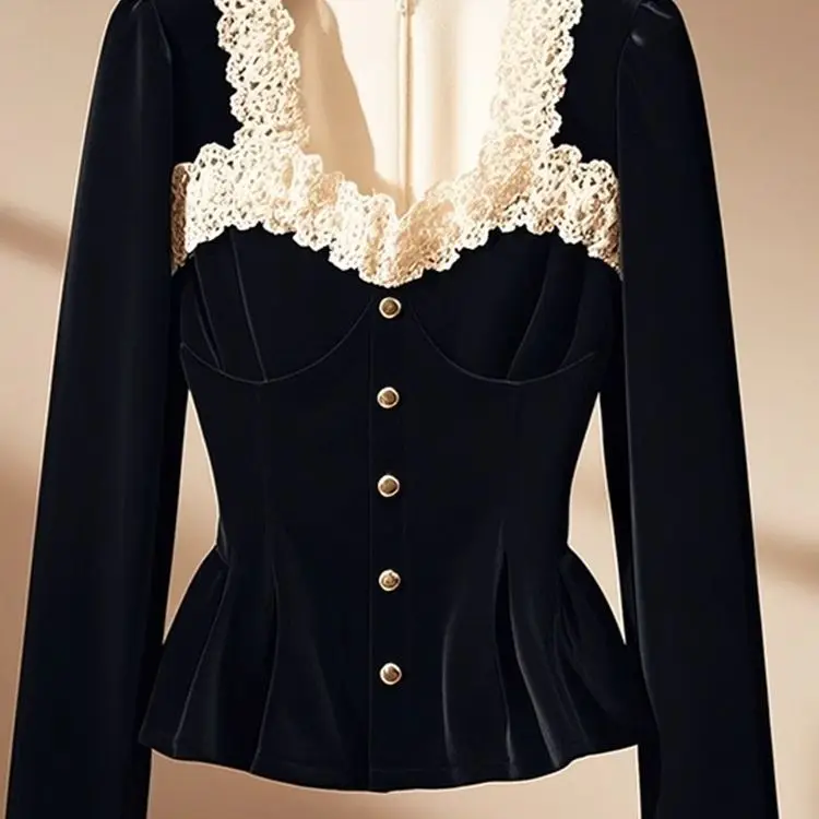 

Luxury French Velvet Shirt Square Collar Lace Patchwork Blouse Women Slim Waist Zipper Tops Autumn Royal Style Office Lady TT666