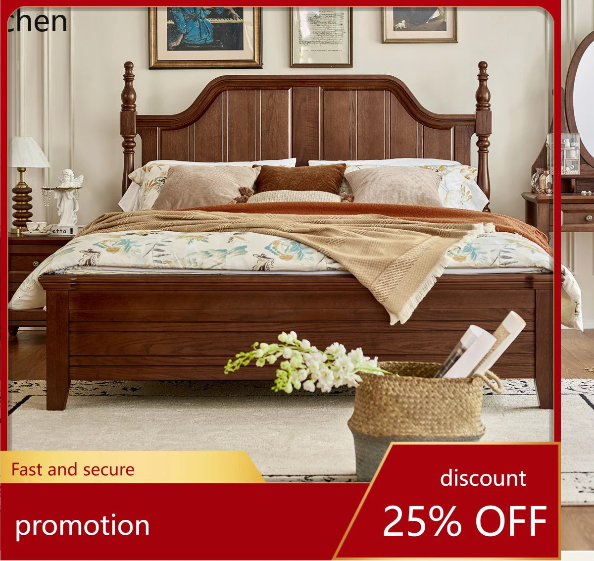 

HXL Solid Wood Bed 1.8m Large Bed Master Bedroom Starry Sky Double Bed