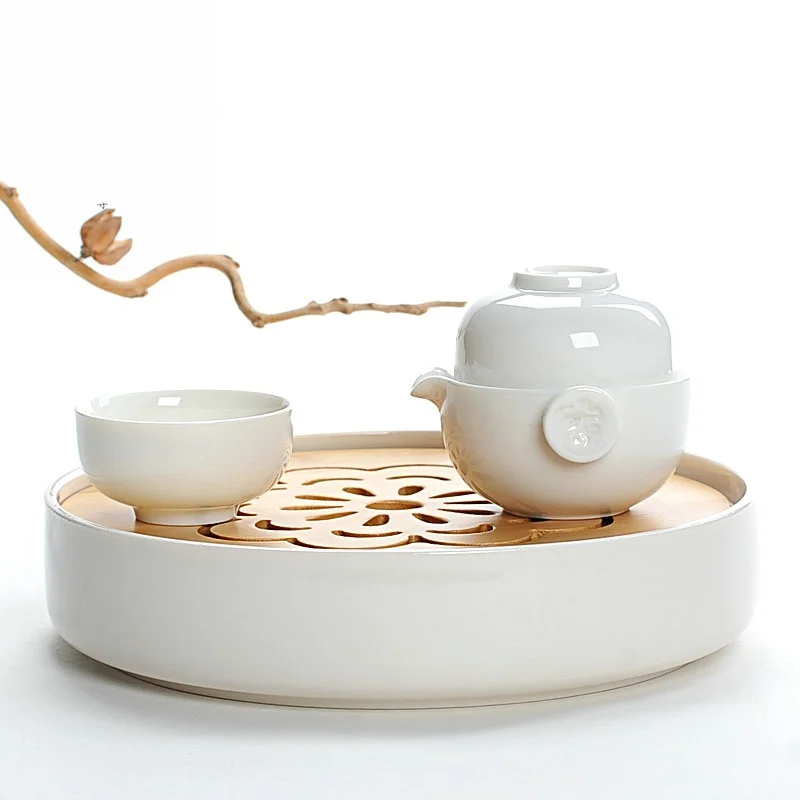 Traditional Chinese Bamboo Tea Tray Ceramic Bottom Portable Rectangular Round Office Tea Sea Tray