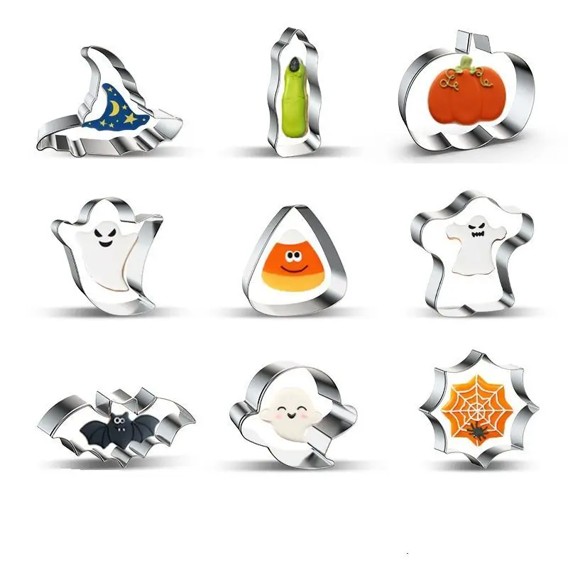 

Halloween Stainless Steel Cookie Mold Pumpkin Ghost Bat Cat Skull Spider Broom Coffin Zombie Witch Hat Shape Biscuit Cutter Mold