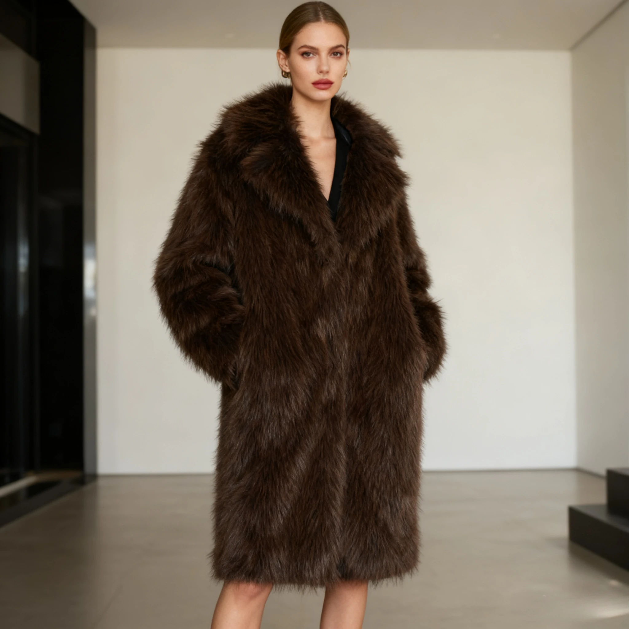 

Long Faux Fur Trench Coats Mid Length Jackets Turn Down Collar Coat Women Thick Y2k Jacket Elegant Maxi Outerwear Autumn Winter