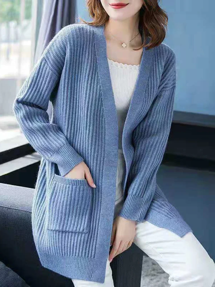 

White Cardigan Long Sleeve Top Korean Fashion Oversized Cardigan Buttonless Open Stitch Tops Autumn Winter Clothes Women Casual