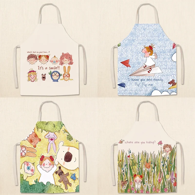 

Kawaii Illustration Cotton Linen Apron Women Sleeveless Kitchen Chef Cooking Household Cleaning Tools Pinafore Baking Accessory