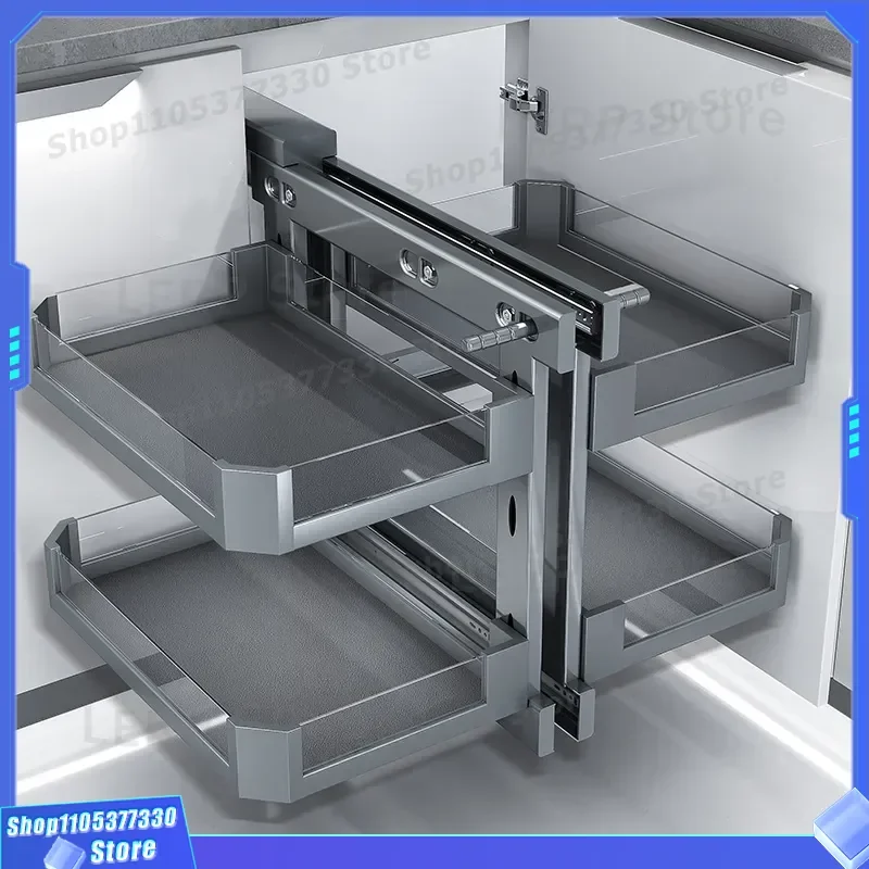 Kitchen Corner Cabinet Rotating Storage Rack Double Drawer Pull Out Organizer Shelf Space Saving Solution for Pantry Cupboard