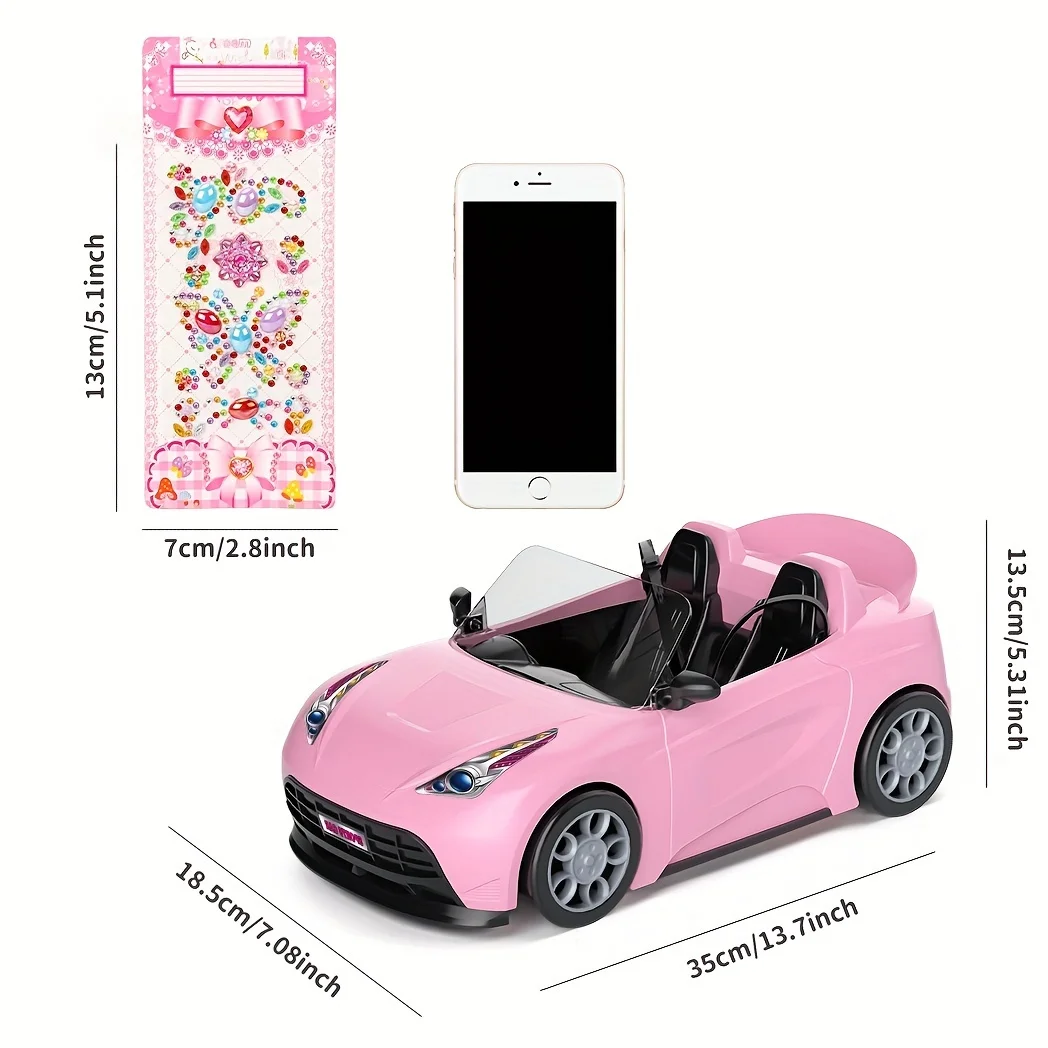 Doll Sports Car Model - Fits 11.5 Inch Doll Accessories - DIY Gem Sticker Princess Doll House -2 Seater Convertible