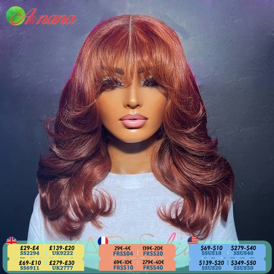 

Reddish Brown Colored Body Wave With Bangs 13x6 Lace Frontal Wig Brazilian Remy Human Hair Wig For Women 5x7 Lace Closure Wigs