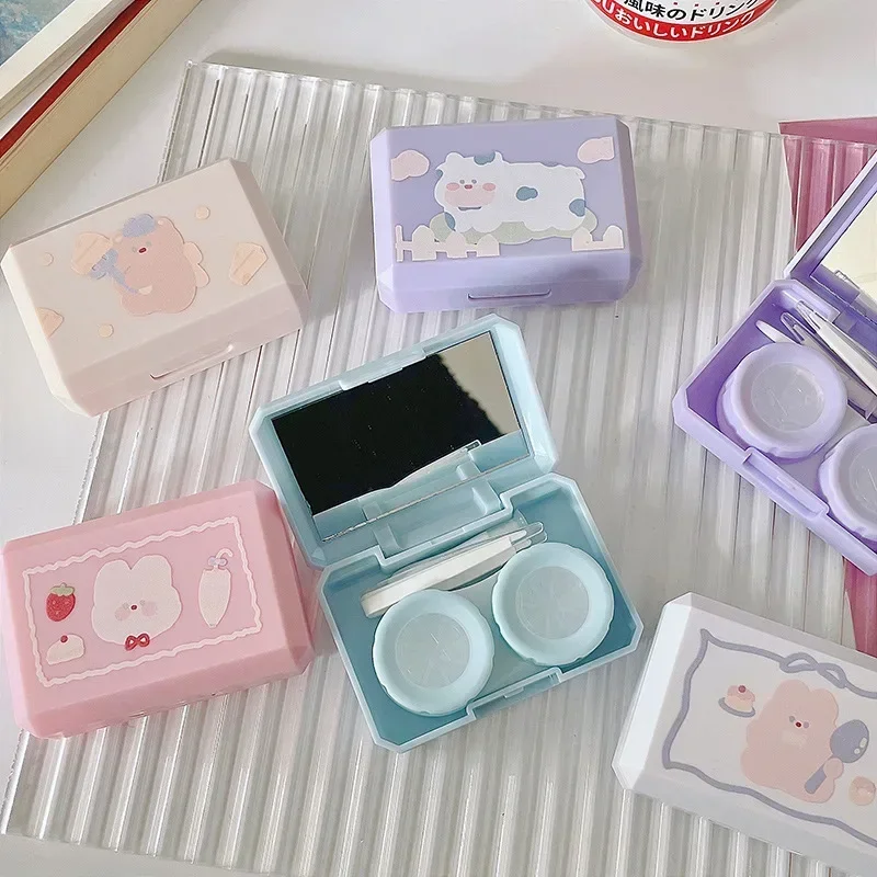 Cute Cartoon Lens Container With Mirror Small Contact Lens Case Women Portable Travel Set Color Contact Lenses Storage Box