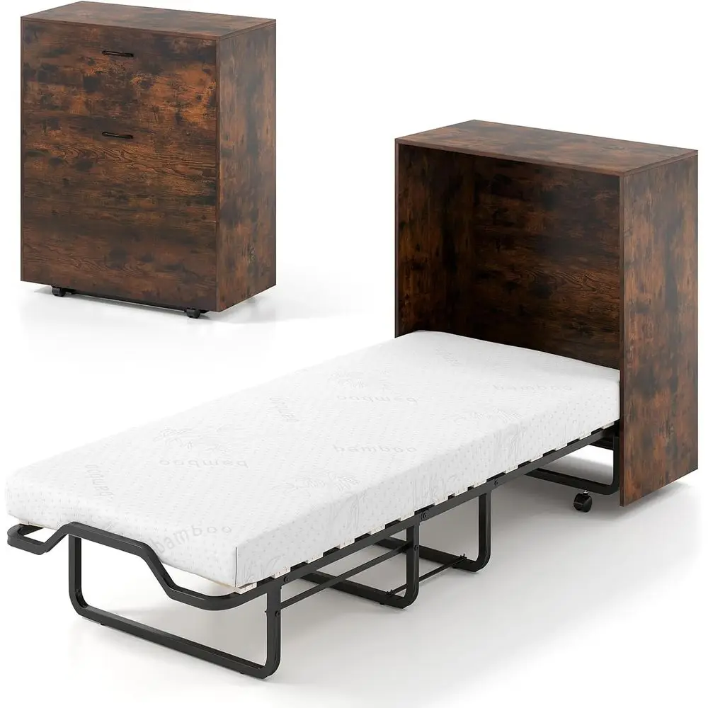 74 x 31 Cot Size Murphy Bed Cabinet with Mattress, Storage, and Lockable Wheels