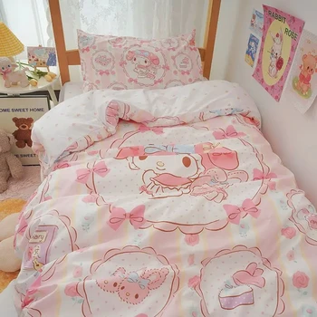 Kawaii ผ้านวม Sanrio อะนิเมะการ์ตูน MY Melody Cinnamoroll Kuromi ผ้าพันคอชุดเครื่องนอนเด็กสาวผู้หญิงตกแต่งเตียง