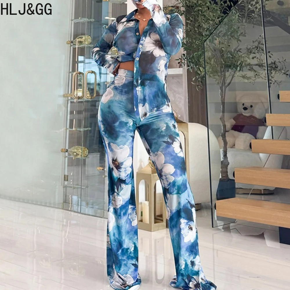 Hlj & gg sexy leopardo impressão malha ver através de conjuntos de duas peças feminino decote em v botão manga longa topo e calças outfits y2k streetwear