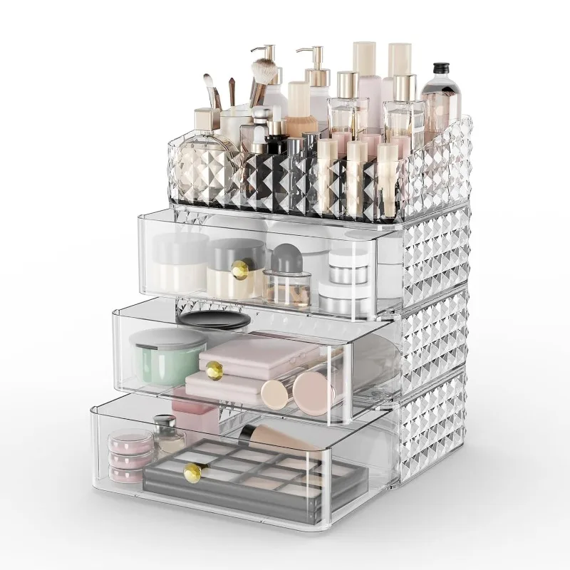 

Makeup Organizer for Vanity, Stackable Cosmetics Organizer and Storage, Cosmetic Display Cases with 3 Drawers and 1 Tray