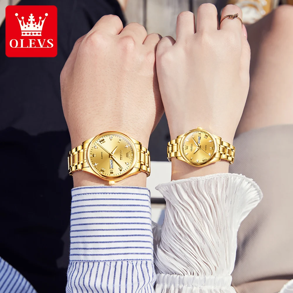 OLEVS-Relógios Quartz para Casal, Aço Inoxidável, Ouro, Diamante, Relógios de pulso, Luminosos, Semana, Data, Moda Amante, Marca de Luxo, Novo