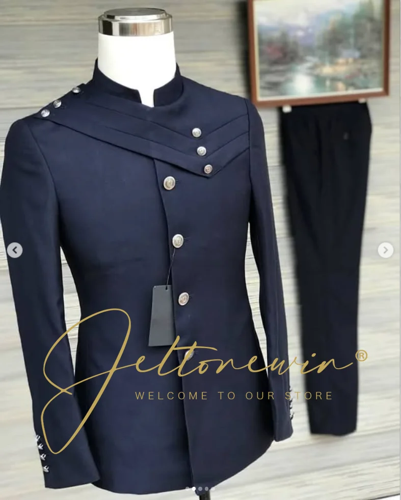 Men's Navy Blue Suit Set with Military Style Stand Collar and Crossed Flap Design Slim Fit Formal Wear for Wedding Groomsmen view 2