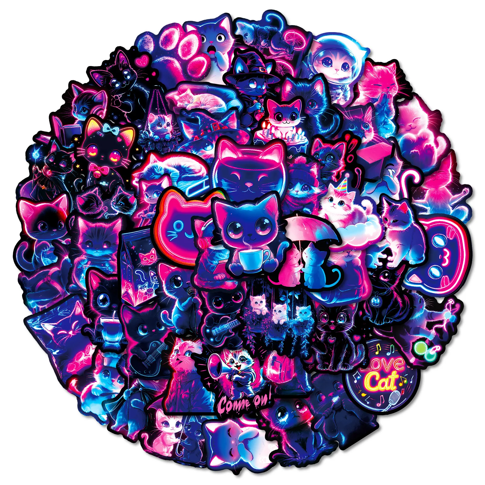 

10/30/50PCS Purple Cartoon Cool Neon Cat Sticker DIY Decoration Waterproof Skateboard Notebook Graffiti Toy