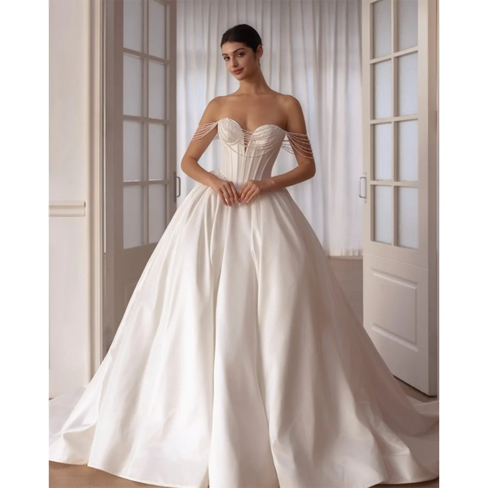 Women White Wedding Dress for Women Customized Off Shoulder Crystal Beaded Corset Ball Gown with Long Train for Bride