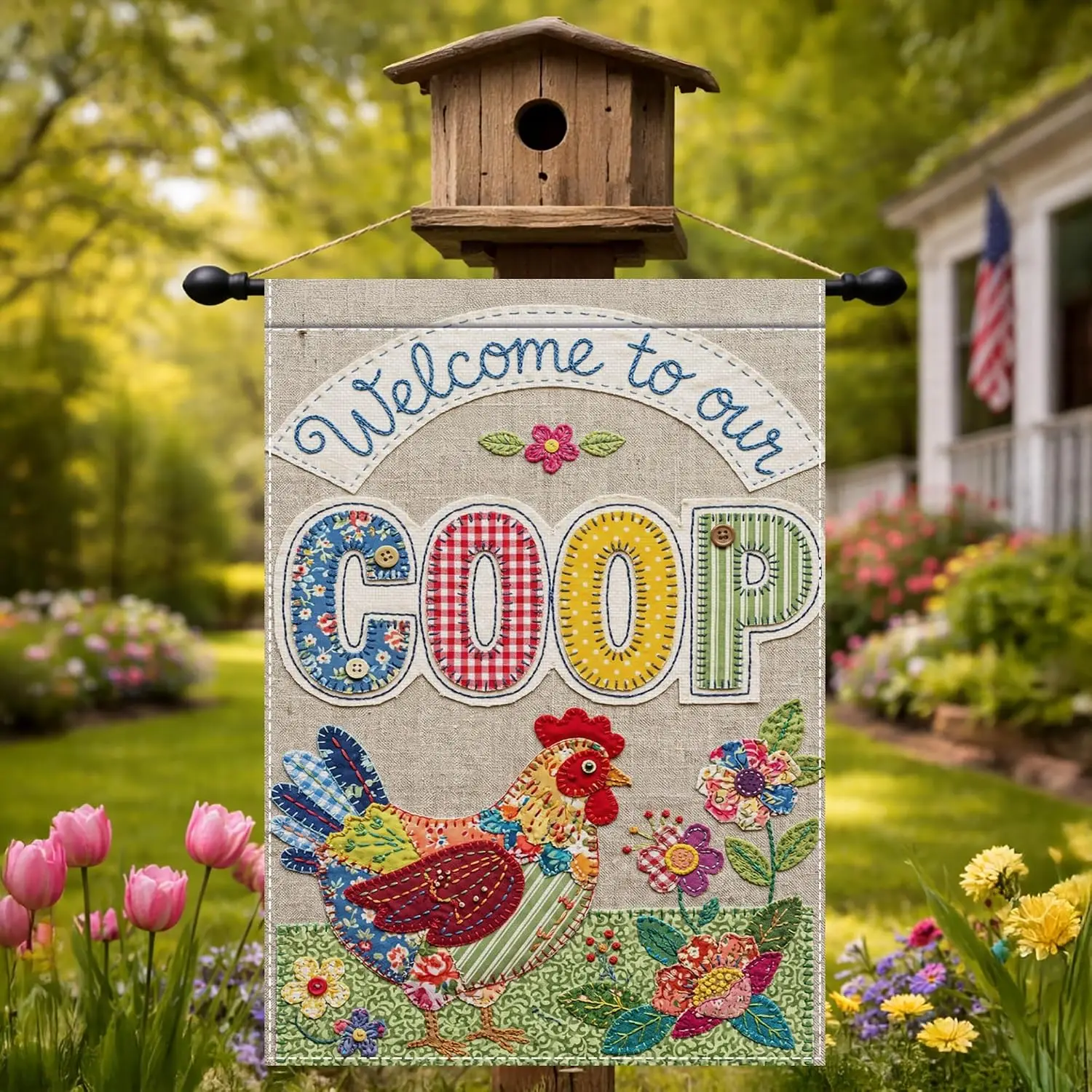 Welcome to Our Coop Garden Flag 12x18 Inch, Funny Chicken Farmhouse Yard Flag, Double Sided Outdoor Decoration for Outside kkz