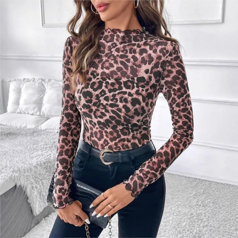 Sexy Long Sleeve T-shirt Women Elegant O Neck Flower Printed Mesh Shirts For Women Spring Autumn Basic Shirt Lady Tee Tops