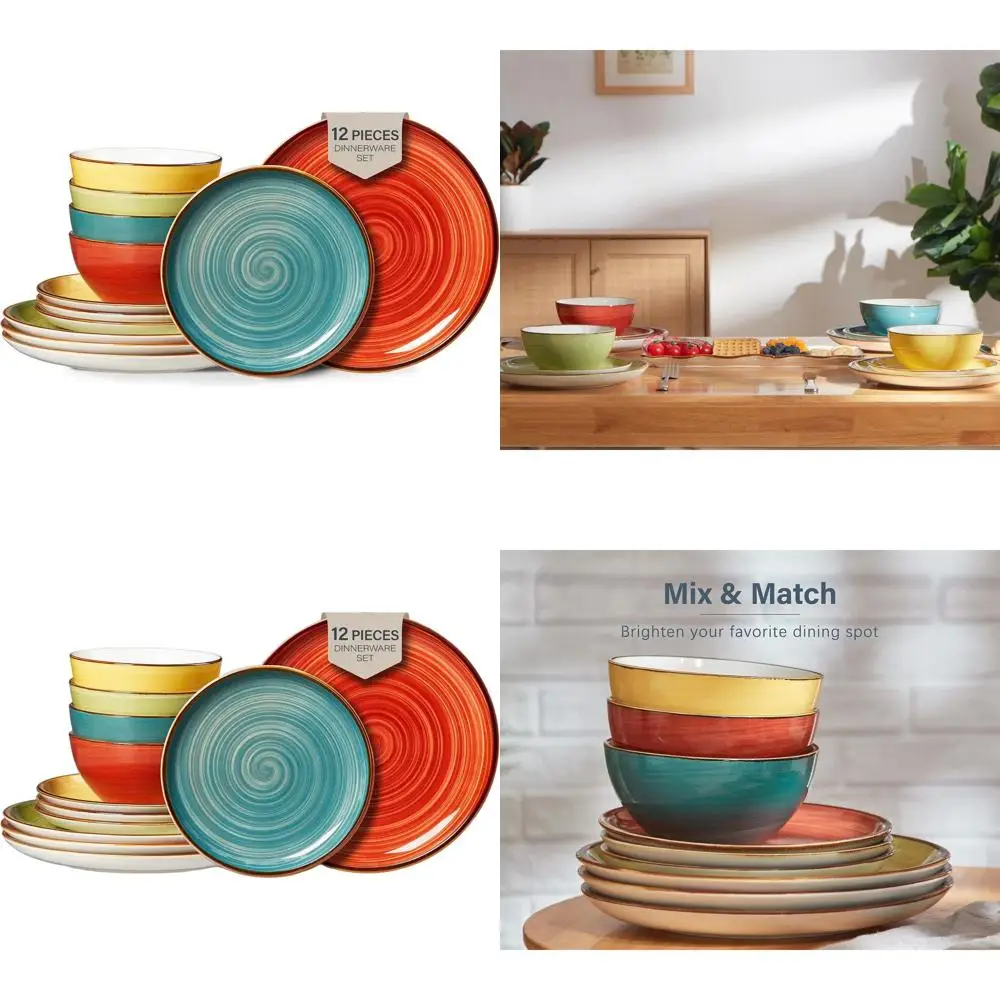 

12-Piece Stoneware Dinnerware Set - Microwave, Oven, and Dishwasher Safe Porcelain Plates and Bowls for 4