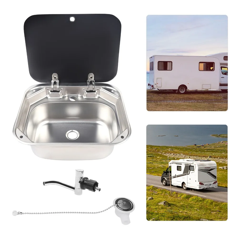 Bymaocar Motorhome RV Horsebox Camping Car Sink Stainless Steel Hand Wash Inset Basin Sink Set with Lid, Faucet and Drain Pipe