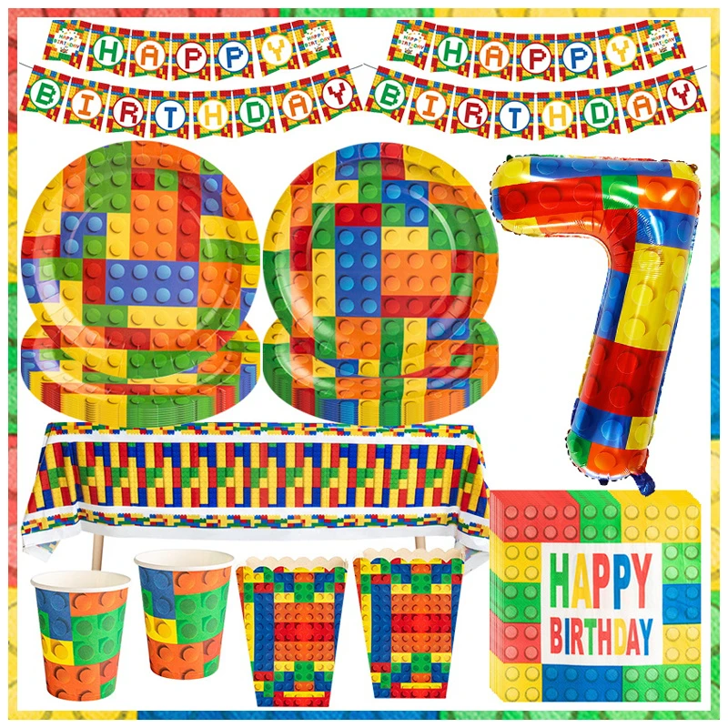 New Building Block Birthday Balloons Colorful Building Block Paper Plates Napkins Cups Party Decoration Kit Supplies Baby Shower