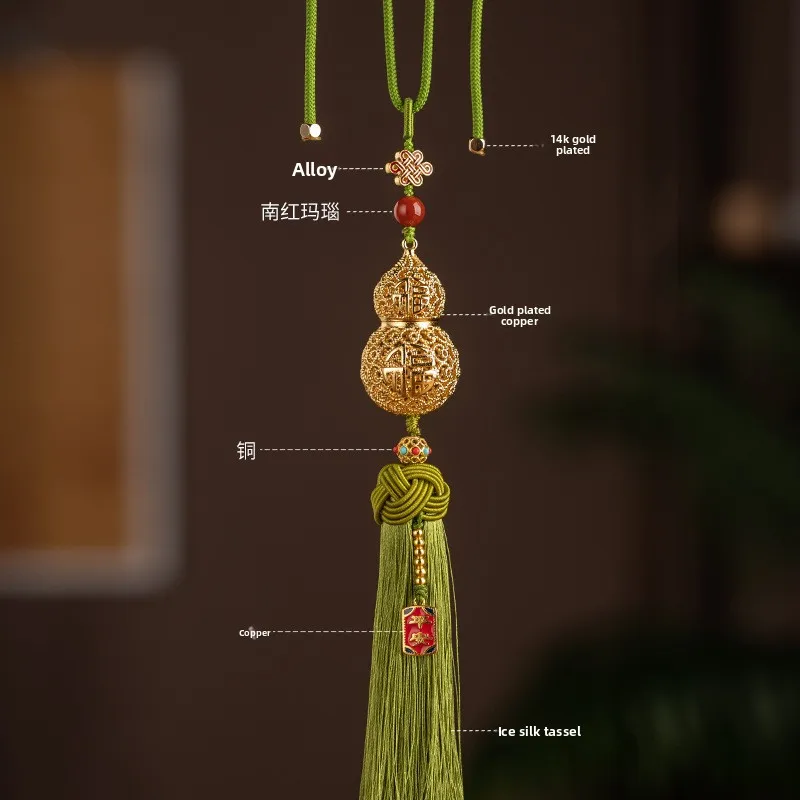 Car Rearview Mirror Hanging Pendant Car Interior Decor Brass Hollow Gourd With Tassel Creative Ornament For Men Women Vehicle