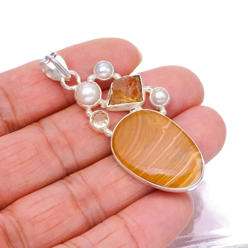 StarGems Natural Picture Jasper&Citrine And River Pearl Handmade 925 Sterling Silver Pendant 2 1/4