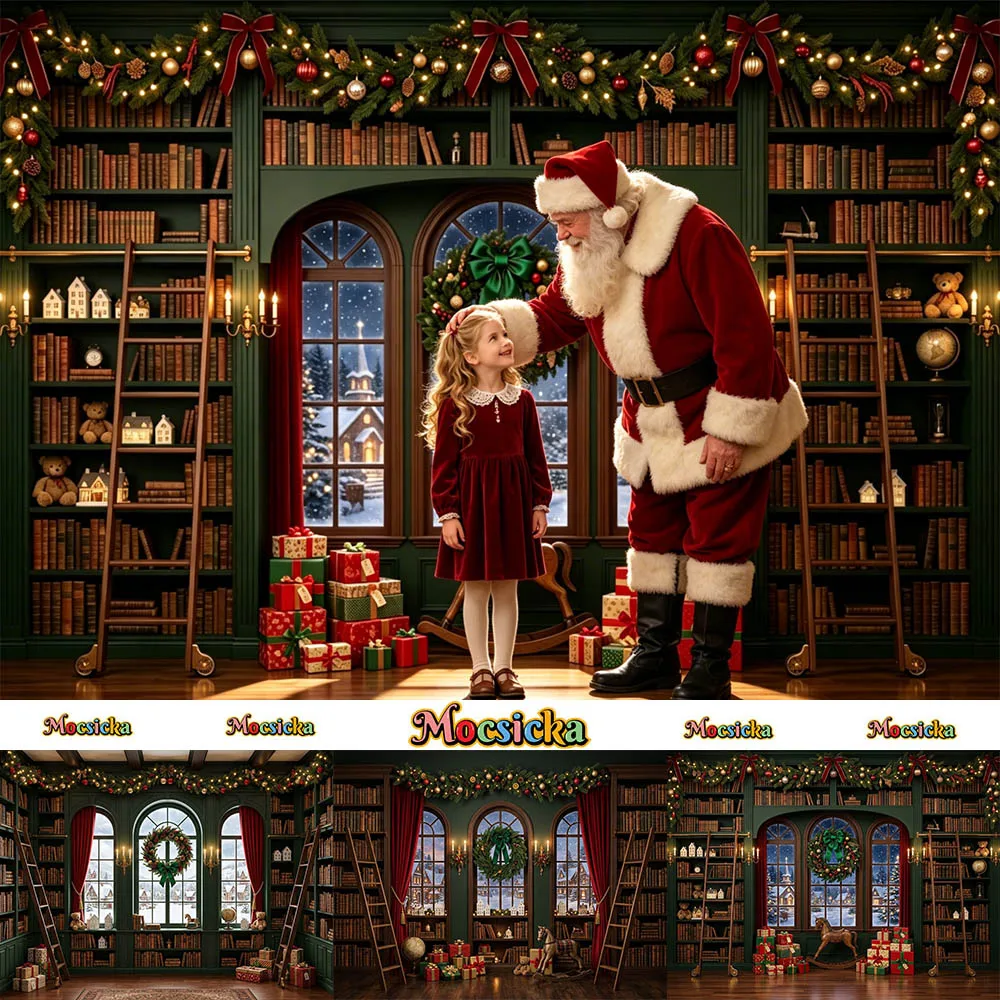 Mocsicka Fotografie-Hintergrund, grünes Bücherregal, Vintage-Bibliothek, Weihnachtsdekoration, Kinder-Weihnachtsfeier, Porträtstudio-Requisite