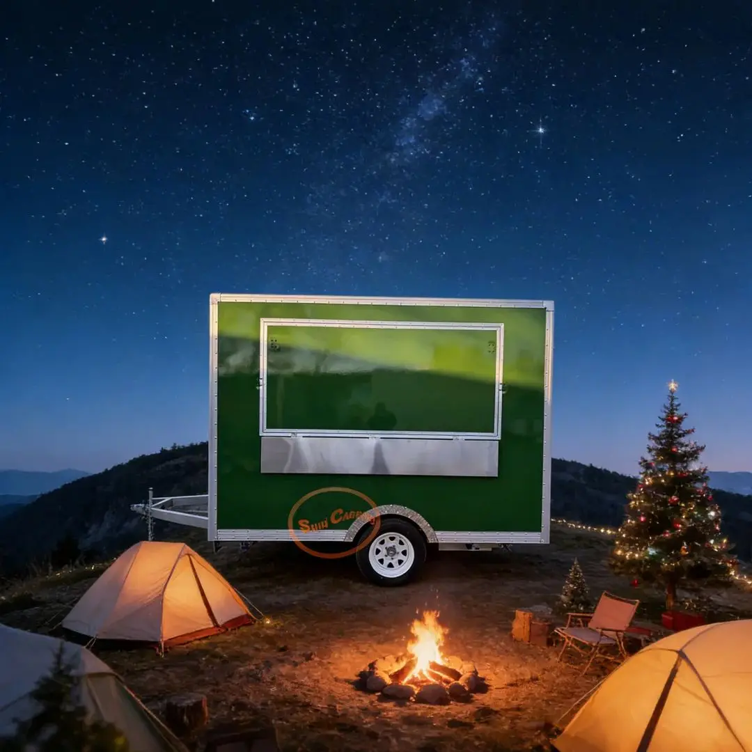 

Green Mobile Kitchen Cart Fully Equipped Catering Trailer for Fast Food Coffee Burger Vending - Portable Kitchen Unit