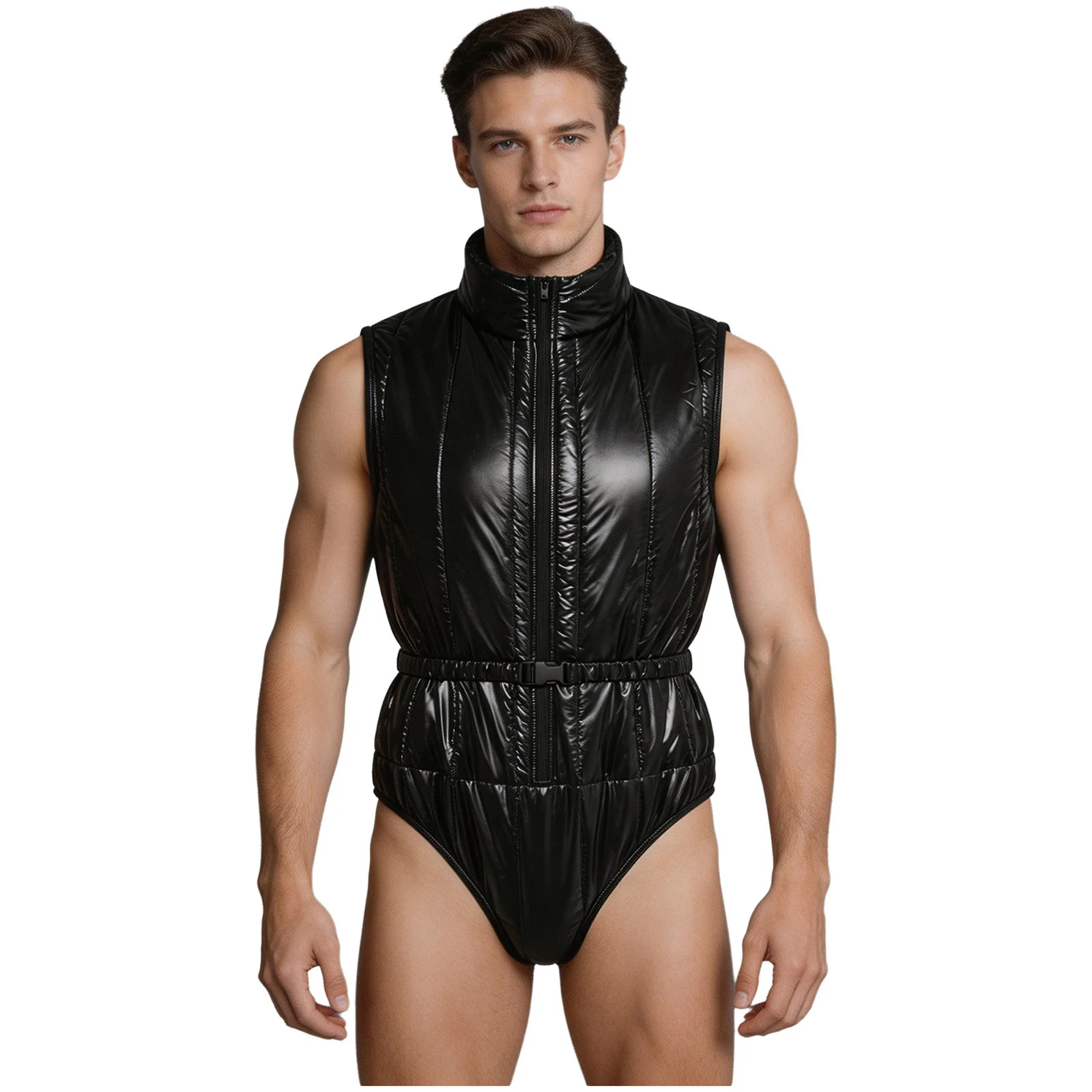 Men Waterproof Warm Padded Bodysuit Leak-proof Diaper Cover Special Needs Adaptive Clothing Quilted Puffer Leotard with Belt