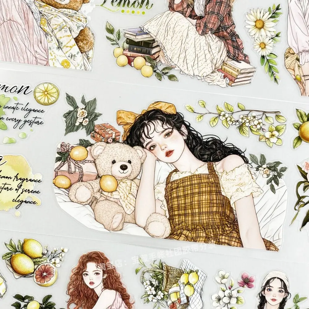 Summer Lemon Scent PET Tape Sample, Cut-out Character DIY Stickers for Journaling Scrapbooking Shaker Card Making Supplies